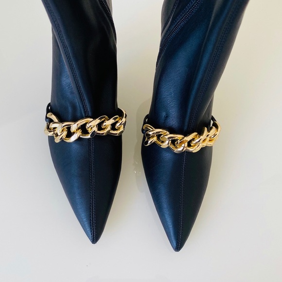 Zara | Shoes | Zara Black Gold Chain Heel Ankle Boots Sz 8 | Poshmark